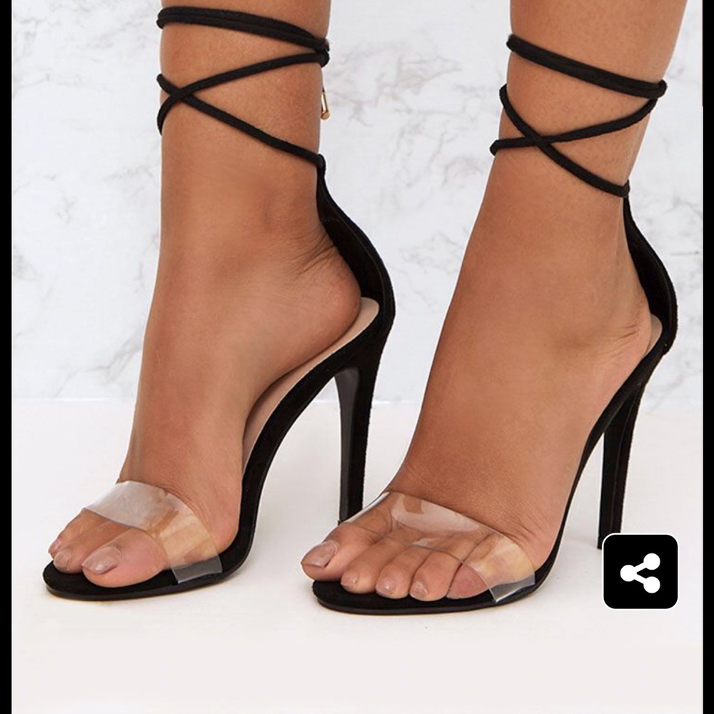 Black Clear Strap Ankle Tie Heels